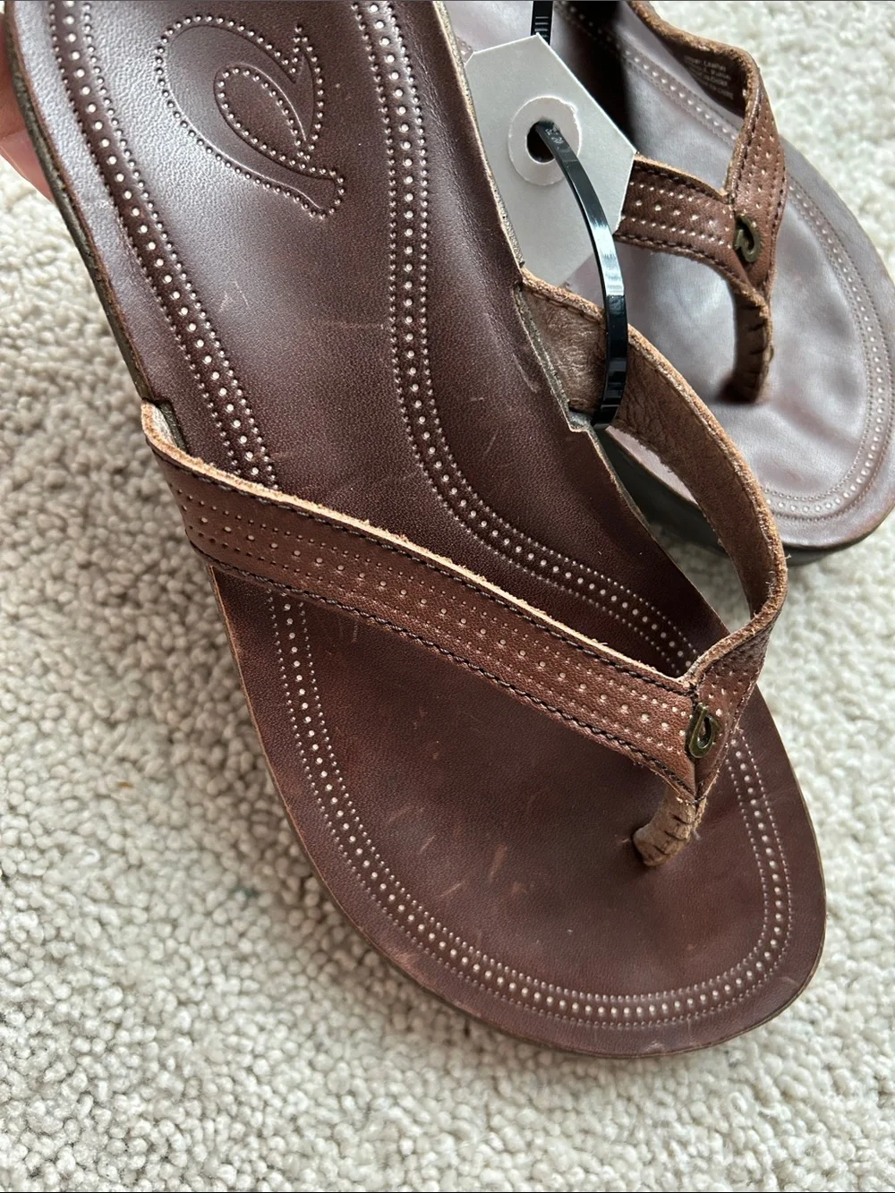 OluKai women's Brown Leather Wedge Sandals with Stitched Detailing